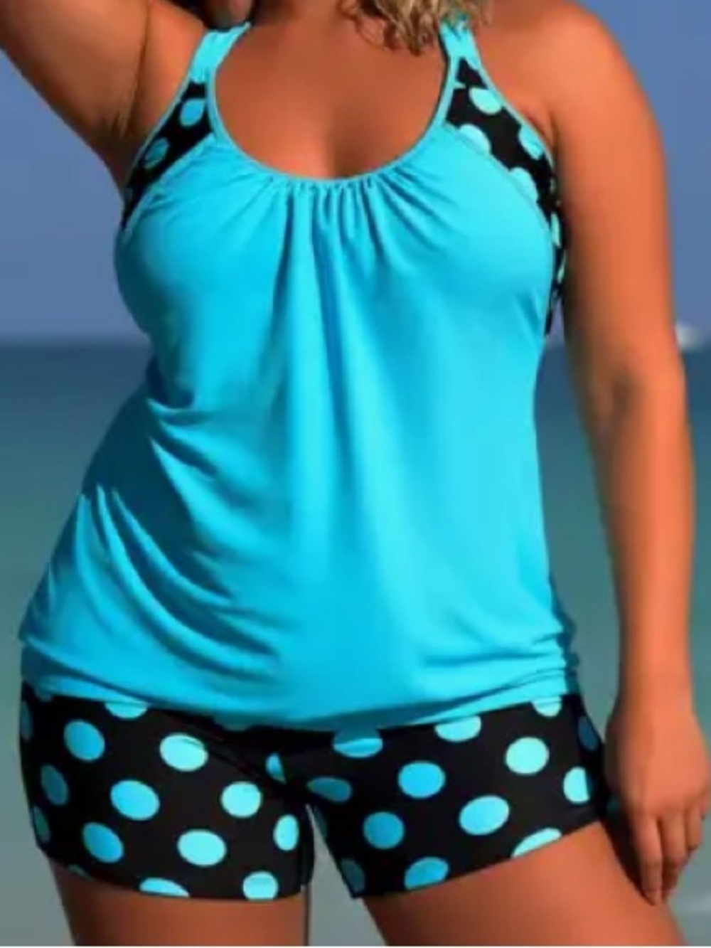 Turquoise Tankini Top with Black & Turquoise Polka Dot Swim Shorts